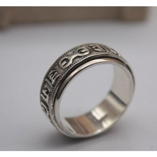 Retro Sterling Silver S925 Ring For Women Men Ring Female Chinese Six-Word Mantra Jewelry 10mmW 2018 US 7-12 Fashion Hot New