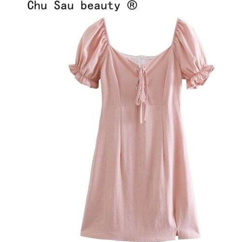 New Fashion Summer Casual Chic Chest Strap Mini Dress Women Street Puff Sleeve Square Collar Split Dresses Female Vestidos