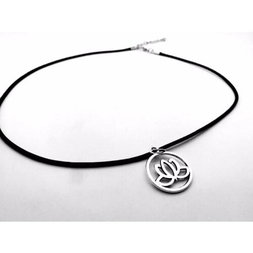 10PCS Simple Hollow Lotus Flower Pendant Necklace Tiny Buddhist Elements Plant Lotos Leather Rope Necklaces for Women