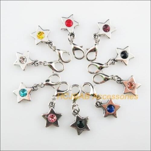 10Pcs Tibetan Silver Tone Star Retro Mixed Round Crystal 11.5x14mm With Lobster Claw Clasps Charms