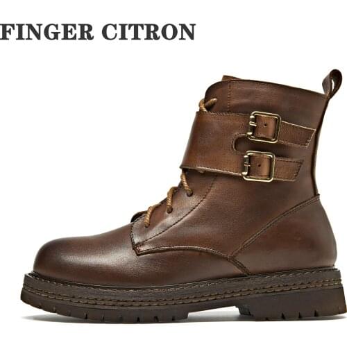 Finger Citron Women Motorcycle Anckle Boots Genuine Cow Leather For Spring Autumn And Winter Platform By Handmade Size 35-40