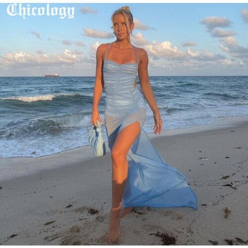 Chicology 2021 Summer Women Dress Elegant Evening Part Club One Shoulder Silt Side Thin And Light Mesh Pretty Dresses