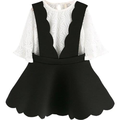 Children Spring Summer Dress Girls Cute Wear Long-Sleeved Sweet Lace Tops+Suspender Skirt Two-Piece Kids Clothese Suit 2-7 Years