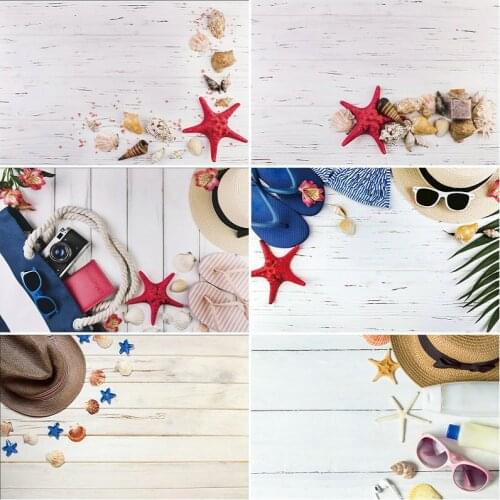 Wooden Board Backdrop Ivory Planks and Shell Starfish Photography Background Baby Shower Celebration Photo Booth Studio Decor