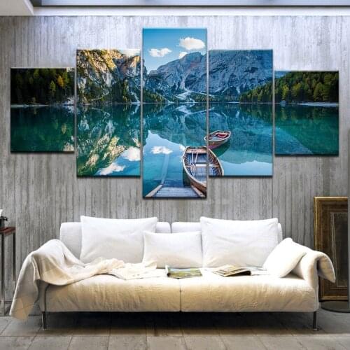 Home HD Printed Painting Pictures 5 Panel Wood Boat On Blue Lake Under Blue Sky Modern Wall Art Decor Posters Frame Living Room