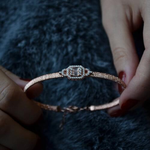 Kelepçe Baget Kesim Swarovski Taşlı 925 Gümüş Bileklik Rose