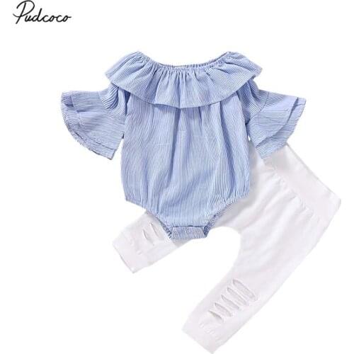 2019 Baby Spring Autumn Clothing Newborn Infant Baby Girl Long Flare Sleeve Ruffled Bodysuit Jumpsuit Hollow Pants Leggings