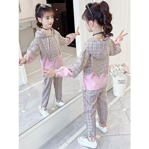 Autumn Spring Girl Plaid Clothing Set Children Fashionable Hooded Sweater Pants 2pcs Outfits Teen Kids Sports Tracksuits