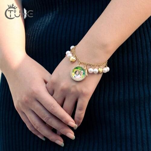 Round Custom Picture Bracelet Link Chain Drip Heart Peal Cross Gold Color Women Fashion Jewelry Jewelry Gift Personality Bangle