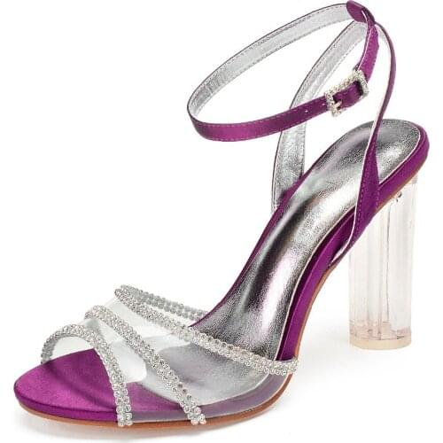 Fashion clear block high heel lady satin see through dress sandals woman summer shoes ankle strap party prom cocktail show shoes