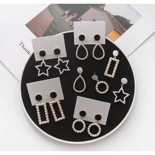 Fashion Sweet Geometric Alloy Stars Pearl Cute Hollow Pendant Earrings For Women Korean Pop Temperament Stud Jewelry Wholesale