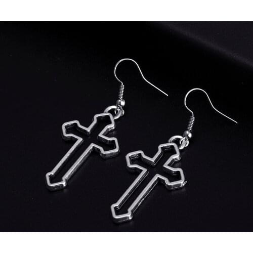 Trendy Vintage Cross Shape Dangle Antique Silver Plated Earrings for Women Girl Retro Drop Earrings Cute Earring Jewelry Bijoux