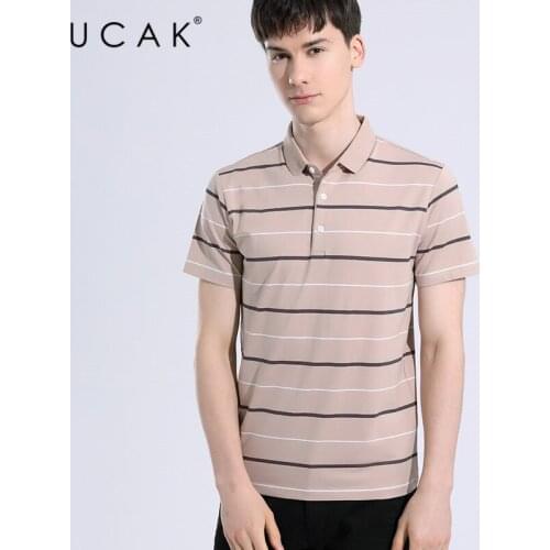 UCAK Brand Classic Turn-down Collar Short Sleeve Silk T Shirt Summer New Streetwear Striped Breathable T-Shirt Male Homme U5637
