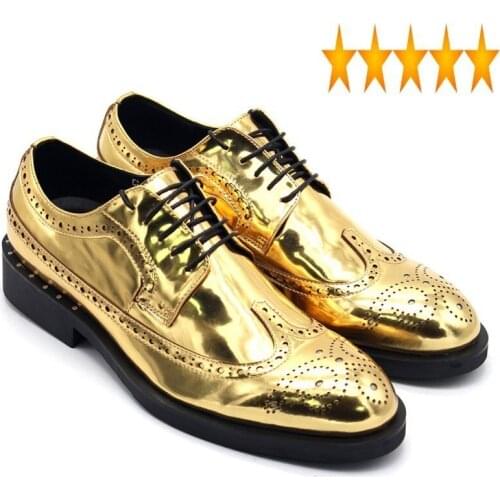 Dress Mens Wedding Runway Golden Lace Up Wing Tip Brogue Shoes Top Quality Leather Block Heels Office Party Formal Sapatos