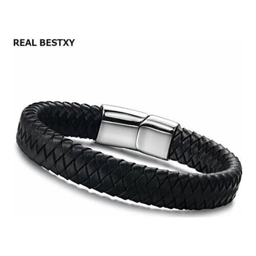 REAL BESTXY Brand Fashion Men Bracelet Black Leather Bracelet Stainless Steel Magnetic Clasps Bracelets Male Vintage