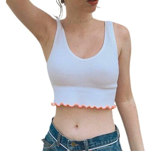 Hirigin New Womens Rib Knit Tank Tops Sexy V Neck Sleeveless Backless Show Navel Color Block Lettuce Trim Crop Tops