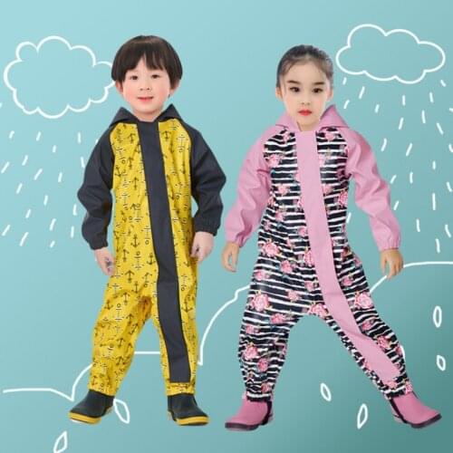 Childrens raincoat one-piece protection boys and girls one-piece suit PU body waterproof and windproof and rainproof
