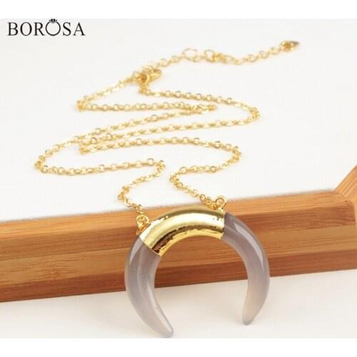 BOROSA Tribal OX Horn Shape Gold Color Grey Agates Connector Double Bails for Pendant Necklace Jewelry CL178