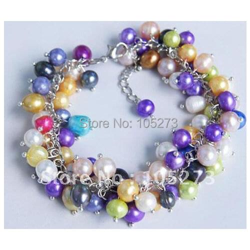 Stunning!AA 6-8MM White Blue Green Yellow Purple Black Mixes Color Natural Freshwater Pearl Bracelet 7.5'inchs Wholesale FN2172