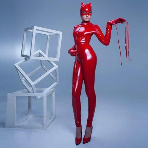 Plus Size Erotic Underwear Sexy Cat Woman Zentai Zipper Crotchless Costume PVC Leotard Latex Catsuits Open Crotch Bodysuit Mask