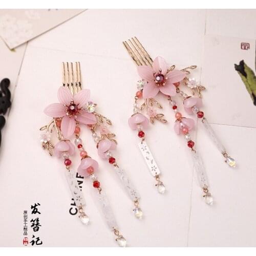 Vintage pink stone handmade Hair clip tassel Hair pin child hair Comb accessories Headwear for kimono hanfu COSPLAY
