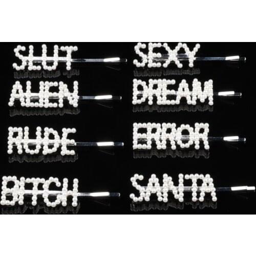 Vintage Pearl Letter Hairpins Clips Wedding Party Barrettes For Girls Women Bitch Rude Error Hair Combs Pins Sticks Accessories