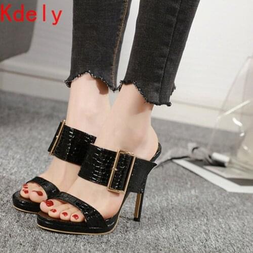 2021 Hot Fashion Sexy Gladiator Summer PU Women Sandals Thin High Heels Sandals Slip-On Opinted Toe Black Dress Size 35-40