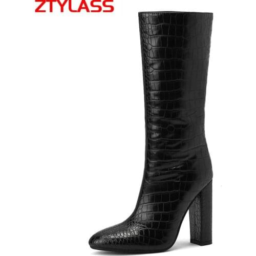 Black Brown Beige Womens Boots Faux Leather Square High Heel Knee High Boots Fashion Slip On Pointed Toe Autumn Winter Boots