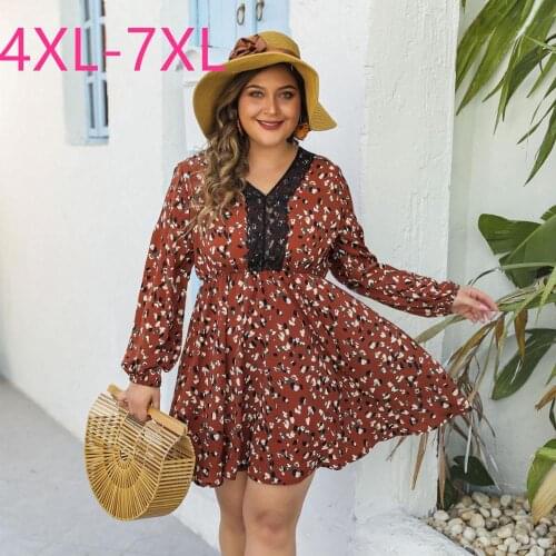 New 2021 spring autumn plus size mini dress for women large loose long sleeve lace red floral print vneck dress 4XL 5XL 6XL 7XL