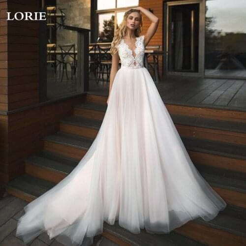 LORIE Boho Lace Wedding Dress Deep V Neck Sleeveless Beach Wedding Gowns Vestido De Novia Train Bride Dresses Custom Made