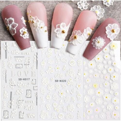 1pcs Engraving White Flowery Nail Decals Elegant Lady Bride 5D Embossed Manicure Nails Art Lace Floral Adhesive Sticker BE5D-K-3