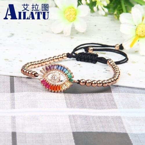 Ailatu Wholesale Rainbow Cz Turkish Lucky Eye Macrame Bracelet with 4mm Stainless Steel Beads