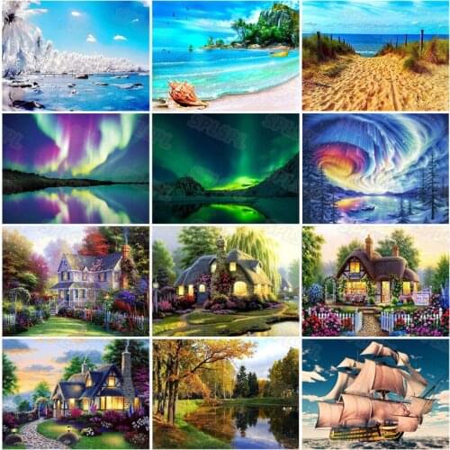 Diy Diamond Painting Bright Blue Sea Fantasy Strange Style Natural Landscape Impressionist Villa Realistic Color Oil Painting