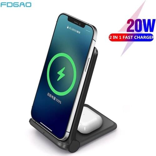 2 In 1 Qi Wireless Charger Stand For iPhone 12 11 XS XR X 8 Airpods Pro Foldable 20W Fast Charging Station for Samsung S21 S20