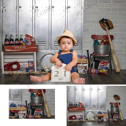 Baseball Theme Photography Backdrop Baby Birthday Portrait Cake Smash Background Brick Wall Aerated Water Drinks Baseball Tools