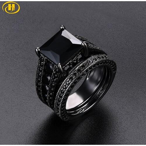 Hutang Vintage Double Ring Sets Black Rhodium Plated 925 Sterling Silver Black Zircon CZ Wedding Engagement Jewelry For Womens