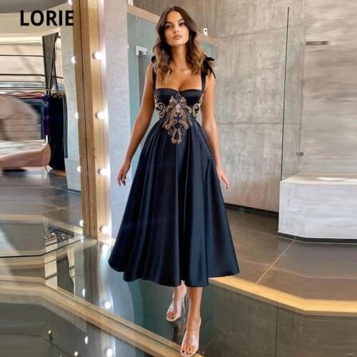LORIE 2021 Black With Pattern Satin A Line Evening Dress Spaghetti Straps Sweetheart Tea Length Party Graduation Prom Dress