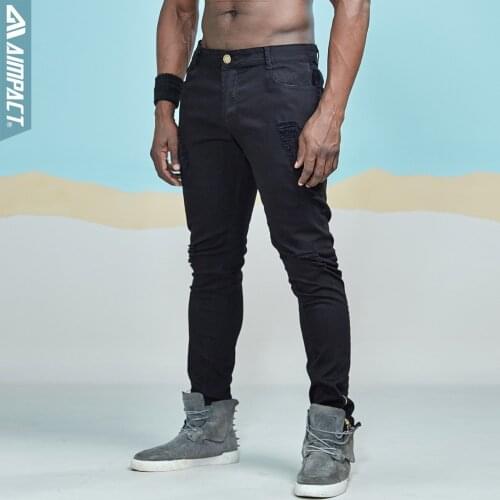 Aimpact Mens Skinny Jeans Elastic Ripped Jeans Hi-Street Distressed Denim for Guys Washed Destroyed Pencil Pants Male AM5036