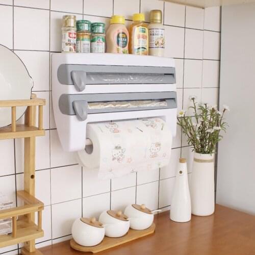 Wall-Mounted Paper Towel Rack Cling Film Cutting Multifunctional Sauce Bottle Rack Tin Foil Cutter Storage Rack Rack Organizer