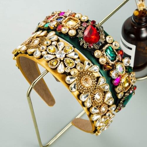 New Arrived Handmade Luxury Rhinestone Baroque Headband Gemstone Crystal Flower Bling Hairband Women Elegant Hair Accessories