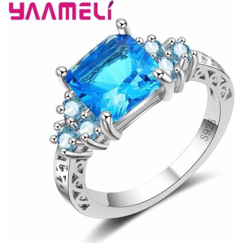 Engagement Wedding Ceremony Anniversary Ornament Glamorous Blue Square Crystal Ring 925 Sterling Silver For Women Girl