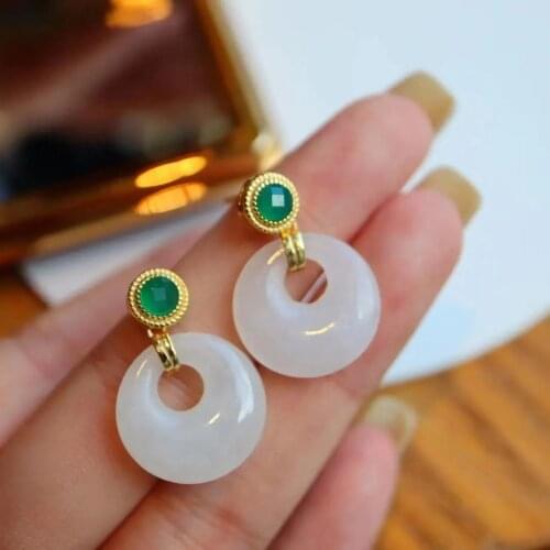S925 Sterling Silver Gold Plated New Natural Jade Hetian Jade White Jade Peace Buckle Stud Earrings with Jasper Embellishment fo