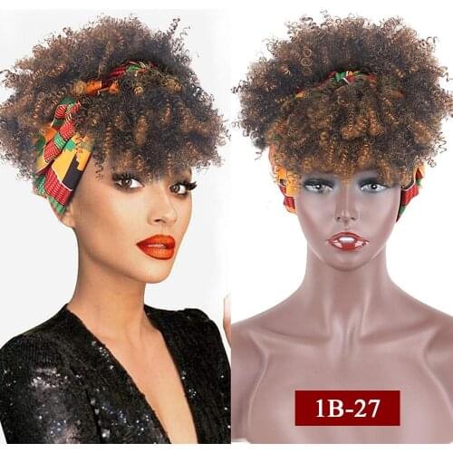 Synthetic Wig Short Kinky Curly Wig With Bangs Turban Wrap-wig 2 in 1 Afro Puff Hairband Bun with Bangs Drawstring Headwrap Wigs