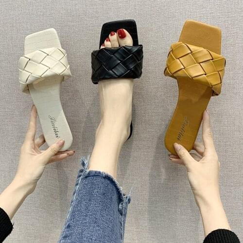 Female Casual Fashion New Footwear Womens Flats Slippers Square Toe Pu Leather Crossing Checkered Summer Slides Solid Open Toe