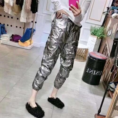 Light Down Padded Pants Women Letters Printed Drawstring Waist Harem Pants Winter Warm Cotton Trousers Female Black P9606