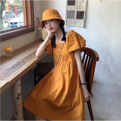 High Square Collar Skirt Tea Break French Puff Sleeve Sweet Solid Color Dress Small Gentle Temperament Womens Clothing
