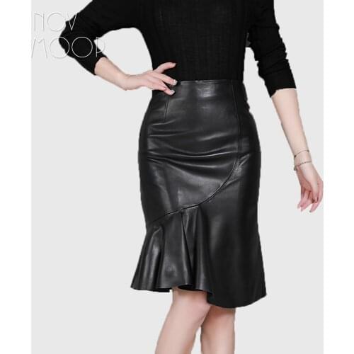 Office style ladies black genuine leather real lambskin slim mermaid skirt ruffles hem faldas mujer etek jupe plus size LT2650