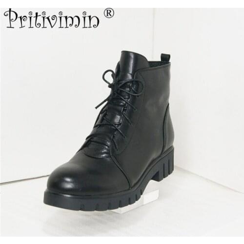 Pritivimin FN50 C Fashion New winter ladies warm real fur lined shoes woman black cow leather thick low heel lace up ankle boots