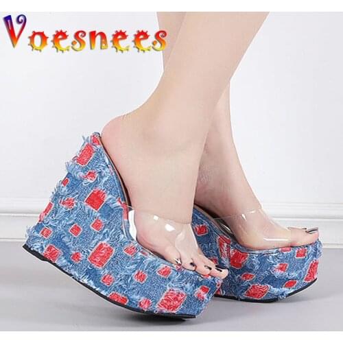 Voesnees Women Slipper Shoes Sexy Transparent Female Wedges Sandals Summer New Tidal Current With Holes Denim High-Heeled Shoes