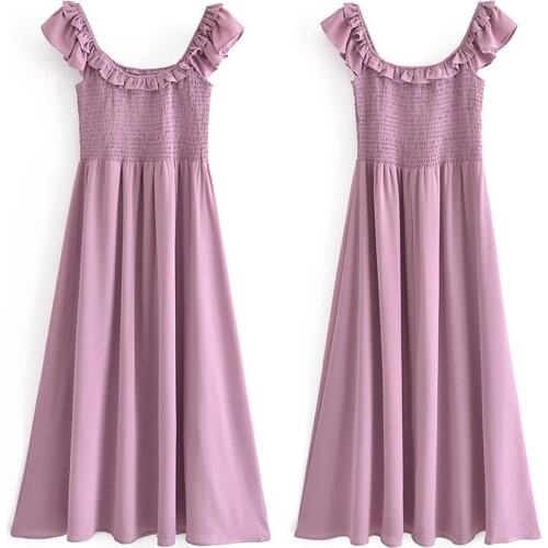 2021 Summer Women New Fashion Print Long Dress Za Female Casual Butterfly Sleeve Square Collar Slim Waist Chic Dress Purple New